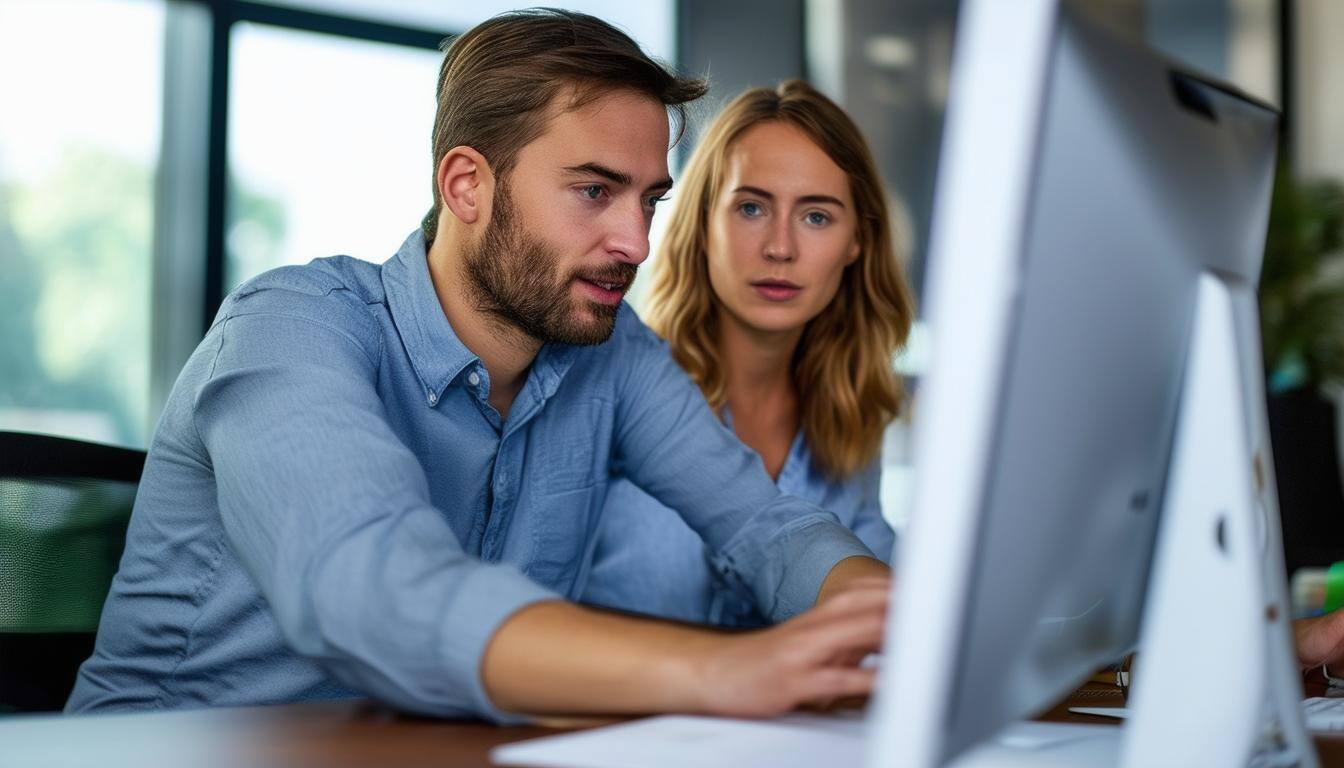 man and woman on computer managing services