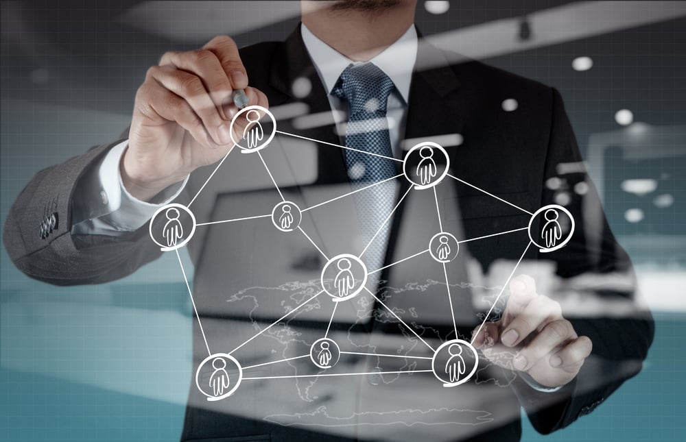 Double exposure of businessman working with new modern computer show social network structure