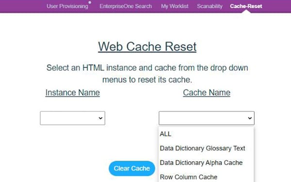 ERP Suites web cache reset screen